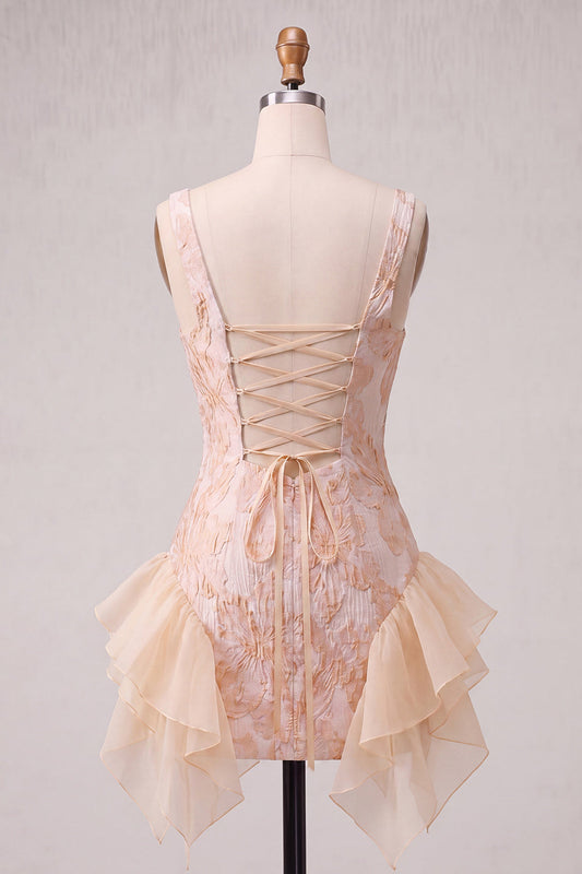 Champagne Jacquard Square Neck Lace-Up Back Tight Birthday Dress with Ruffles