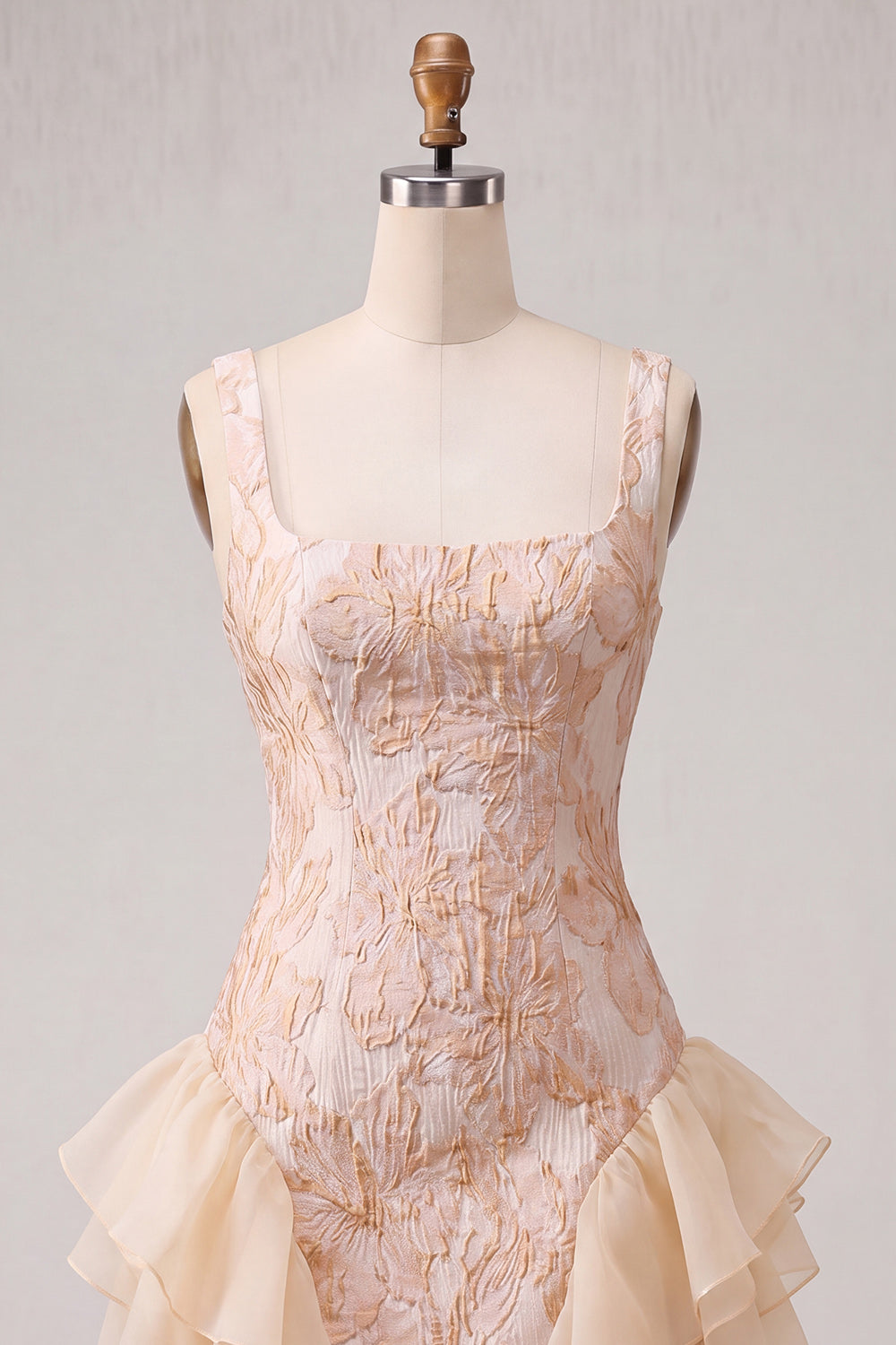 Champagne Jacquard Square Neck Lace Up Back Tight Birthday Dress with Ruffles