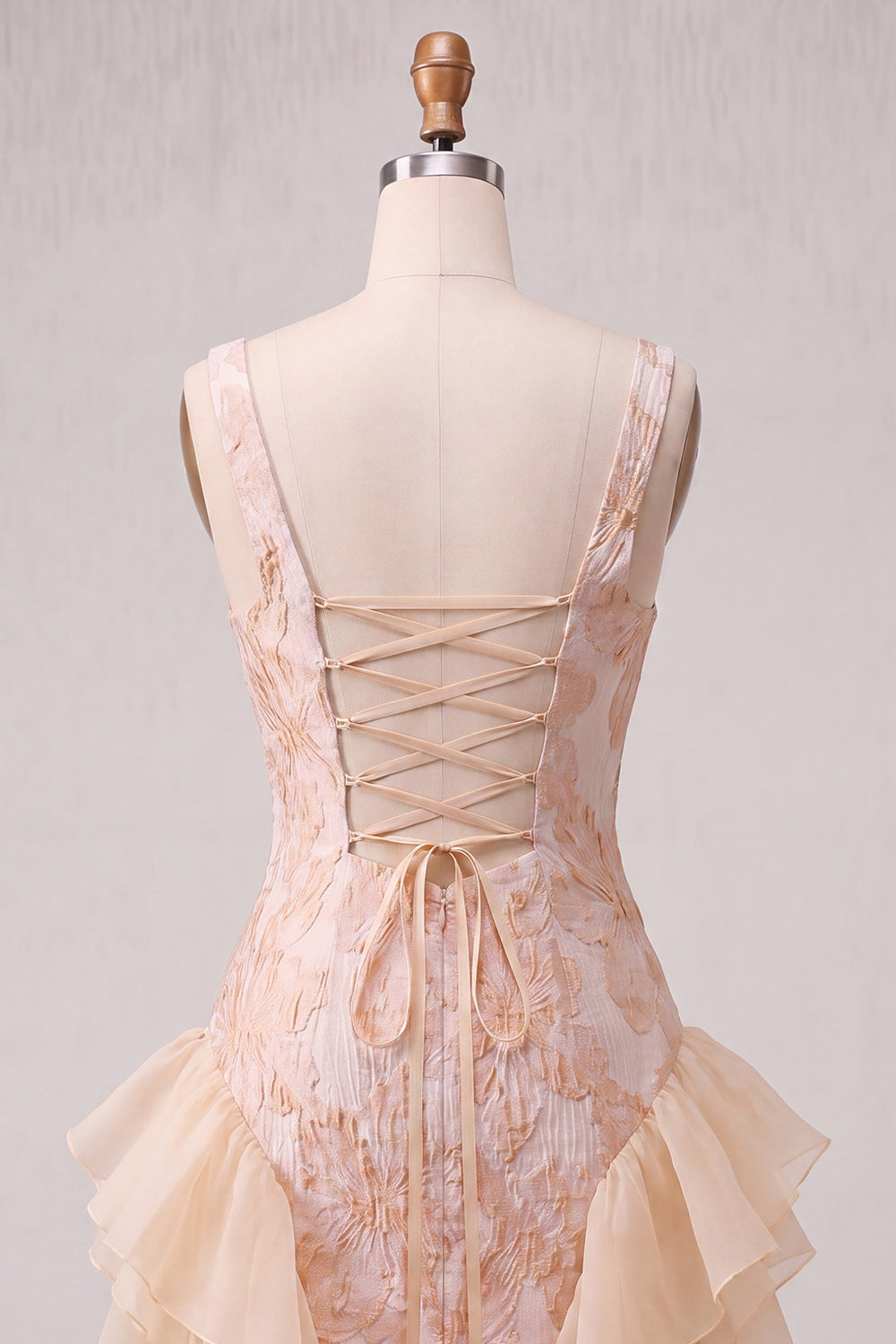 Champagne Jacquard Square Neck Lace Up Back Tight Birthday Dress with Ruffles