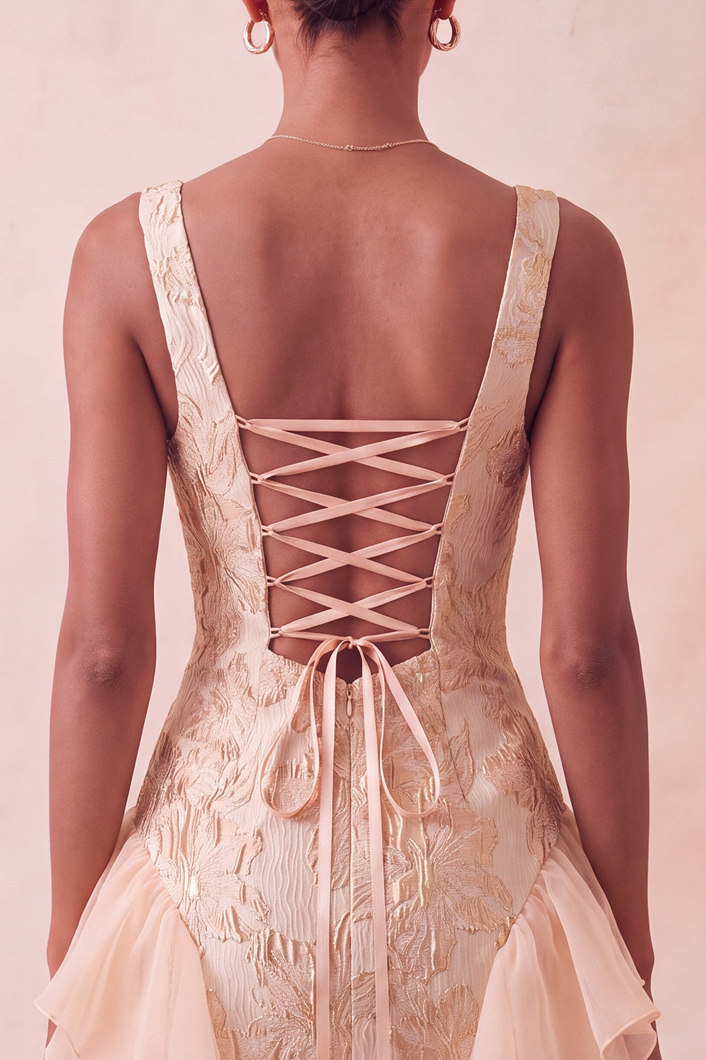 Champagne Jacquard Square Neck Lace Up Back Tight Birthday Dress with Ruffles
