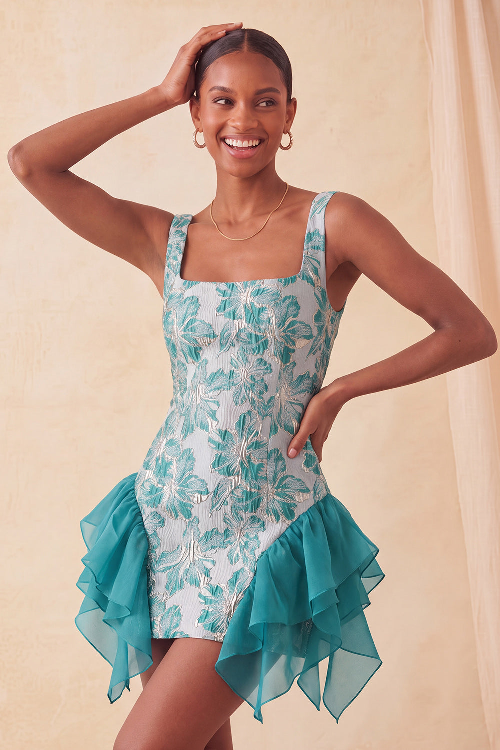Champagne Jacquard Square Neck Lace Up Back Tight Birthday Dress with Ruffles