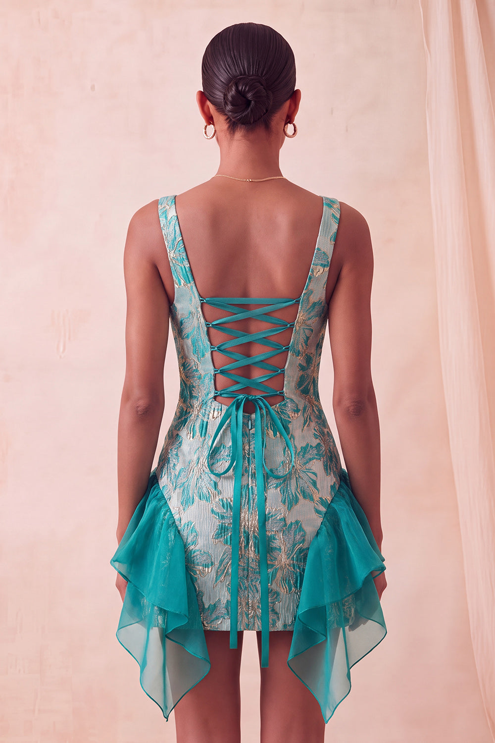 Champagne Jacquard Square Neck Lace Up Back Tight Birthday Dress with Ruffles