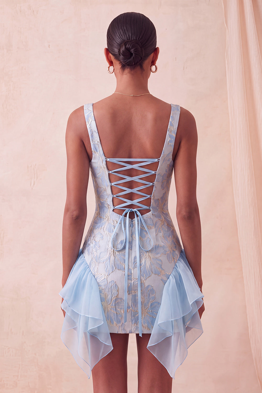 Champagne Jacquard Square Neck Lace Up Back Tight Birthday Dress with Ruffles