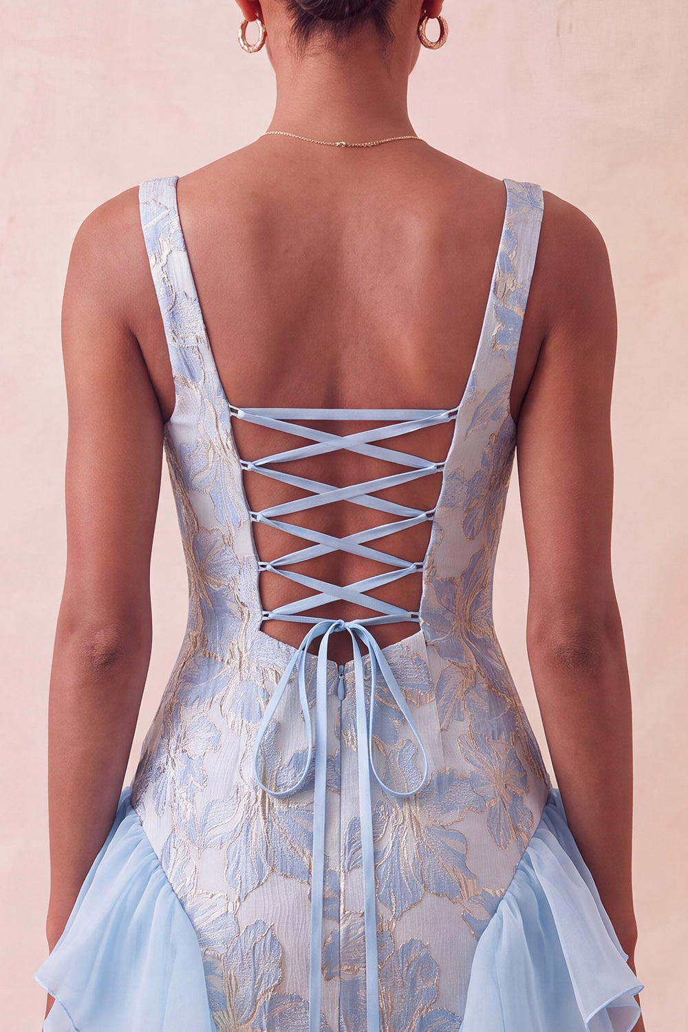 Champagne Jacquard Square Neck Lace Up Back Tight Birthday Dress with Ruffles
