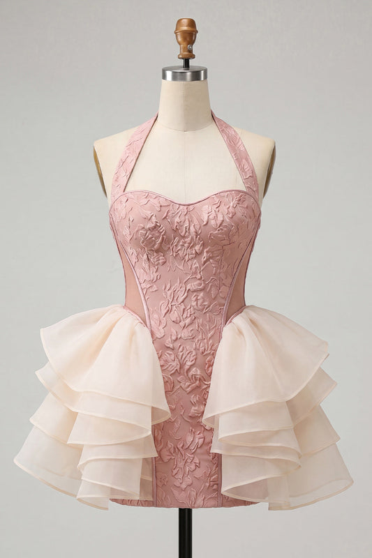 Light Pink Halter Neck Floral Lace Up Back Bodycon Homecoming Dress with Ruffles