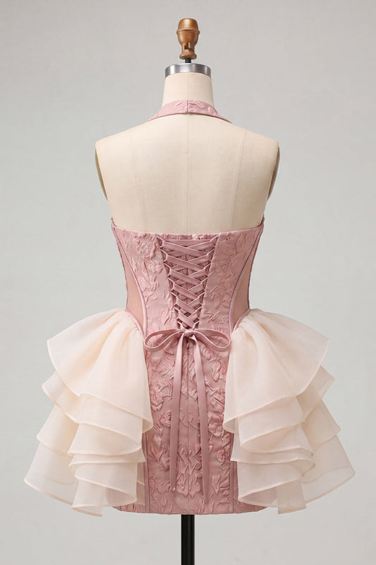 Light Pink Halter Neck Floral Lace Up Back Bodycon Homecoming Dress with Ruffles