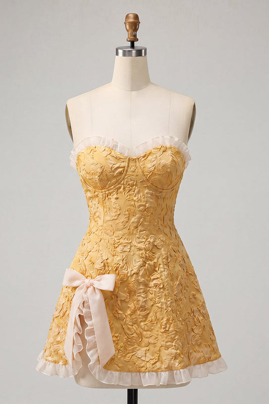 Sweetheart Yellow Jacquard A-Line Ruffled Lace-Up Back Cocktail Dress with Slit