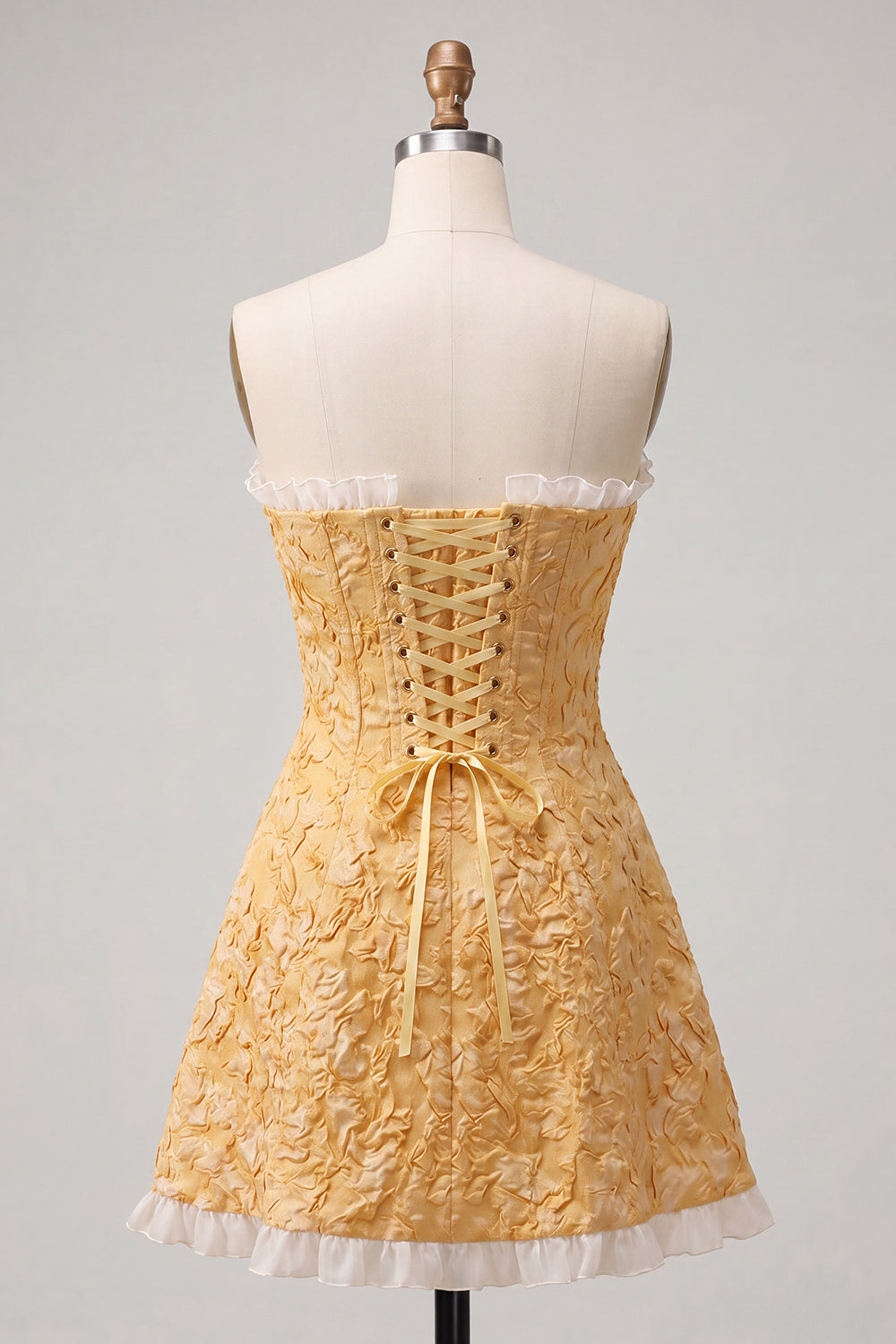 Sweetheart Yellow Jacquard A-Line Ruffled Lace Up Back Cocktail Dress with Slit