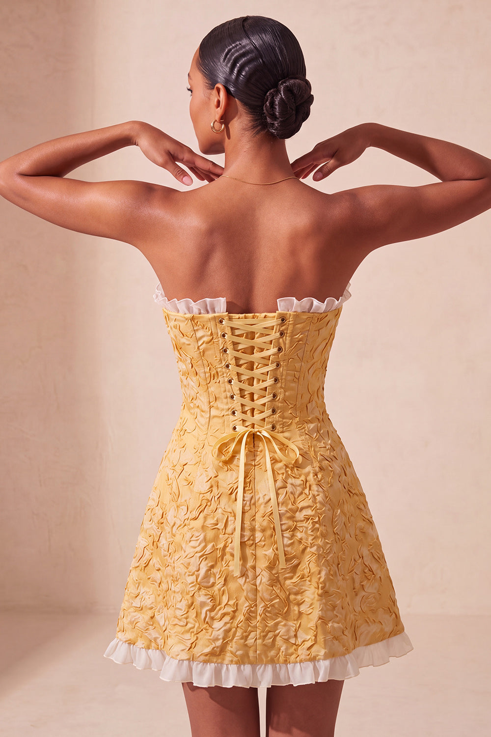 Sweetheart Yellow Jacquard A-Line Ruffled Lace Up Back Cocktail Dress with Slit