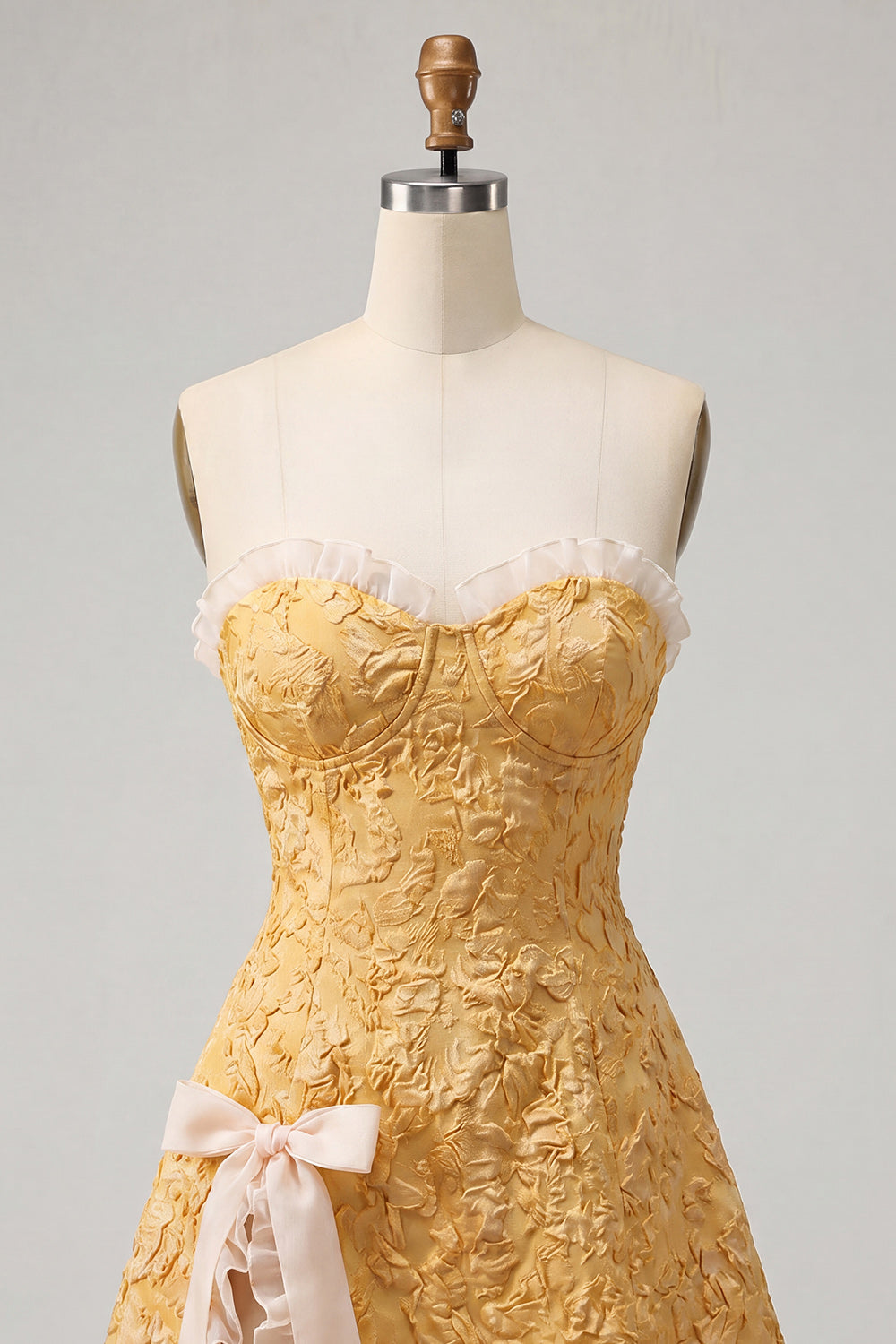Sweetheart Yellow Jacquard A-Line Ruffled Lace Up Back Cocktail Dress with Slit