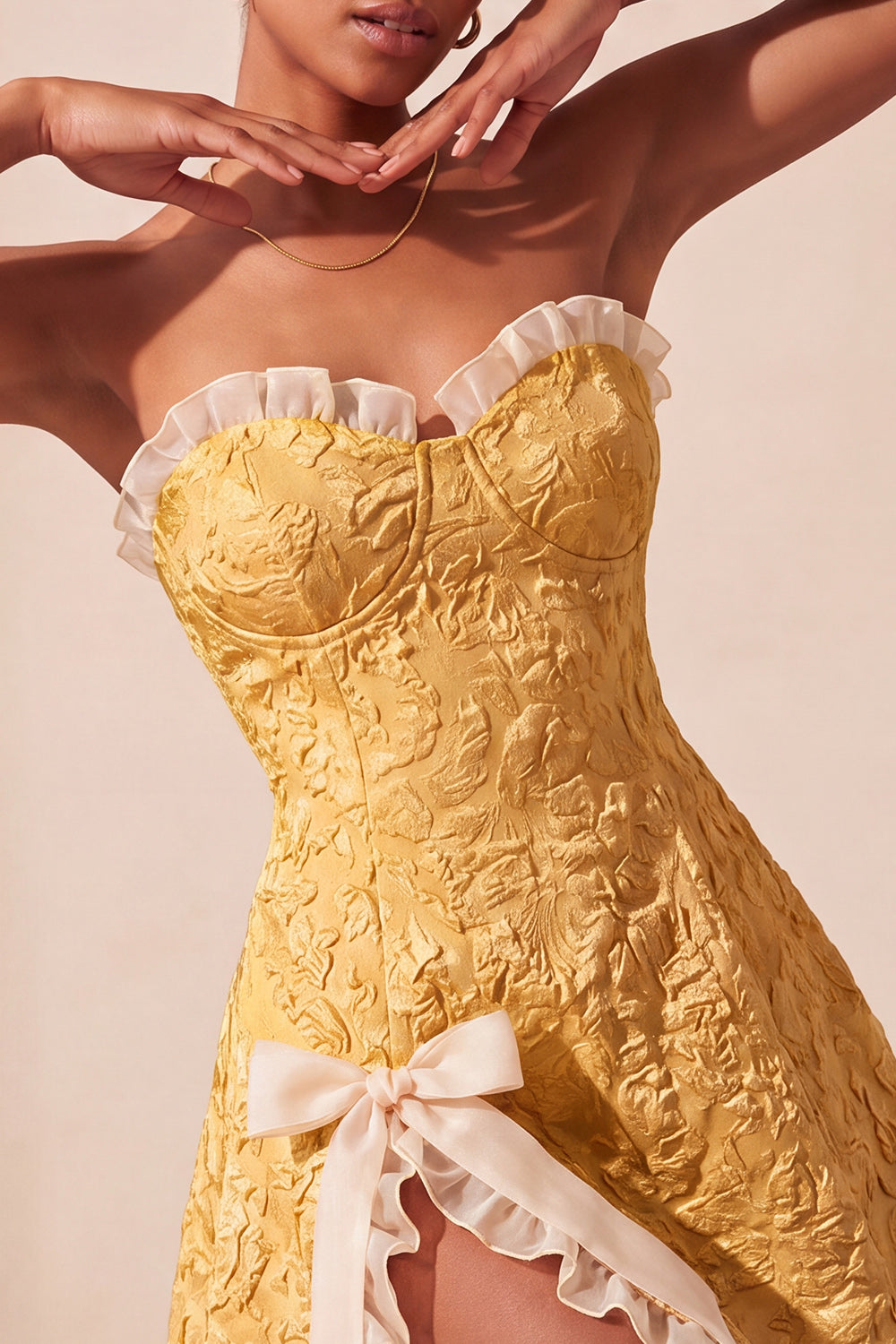 Sweetheart Yellow Jacquard A-Line Ruffled Lace Up Back Cocktail Dress with Slit