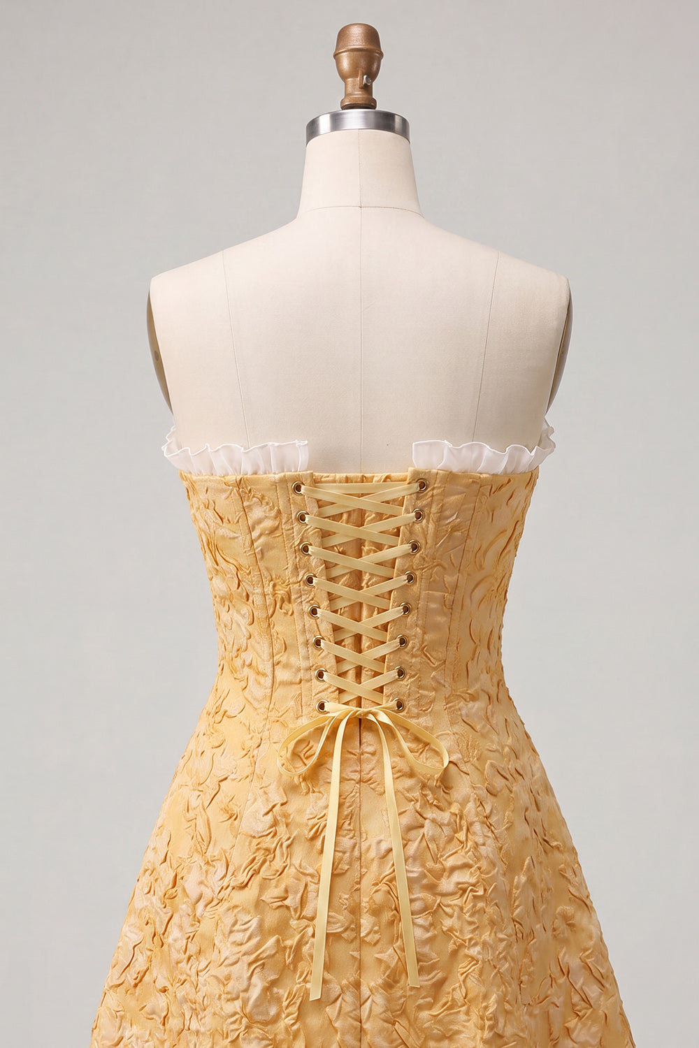 Sweetheart Yellow Jacquard A-Line Ruffled Lace Up Back Cocktail Dress with Slit