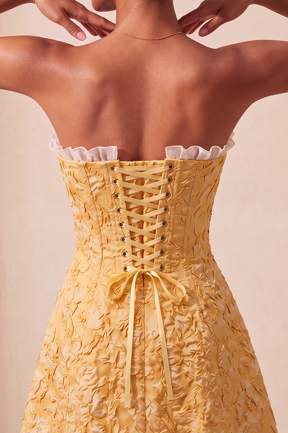 Sweetheart Yellow Jacquard A-Line Ruffled Lace Up Back Cocktail Dress with Slit