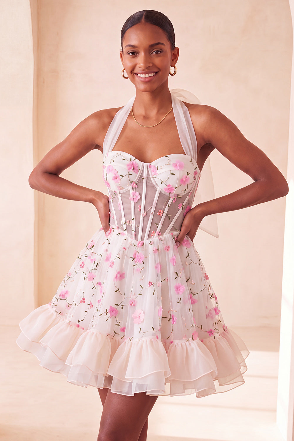 Robe de cocktail corset transparente à volants et laçage au dos, coupe trapèze, jaune clair et motif floral