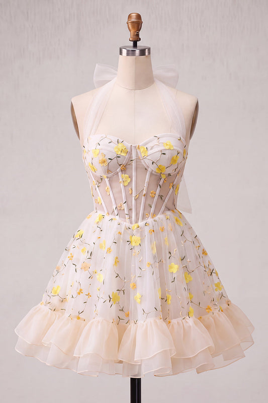 Light Yellow A-Line Ruffled Lace-Up Back Sheer Corset Floral Cocktail Dress