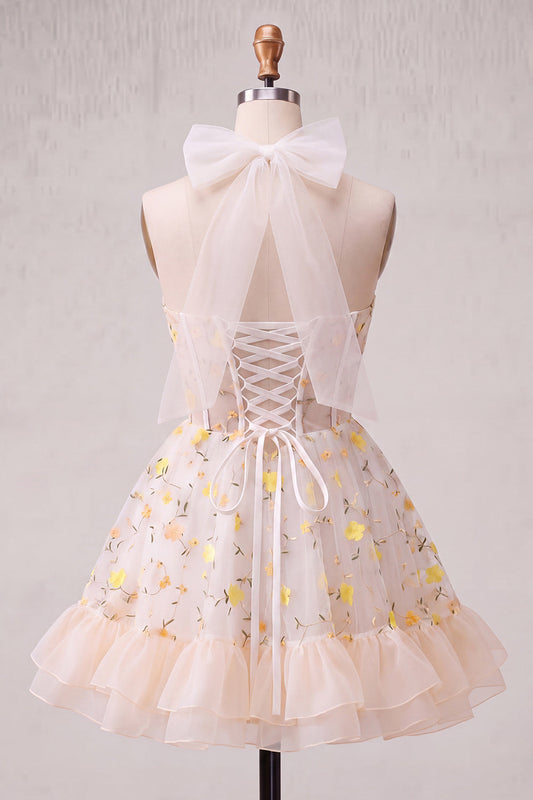 Light Yellow A-Line Ruffled Lace-Up Back Sheer Corset Floral Cocktail Dress