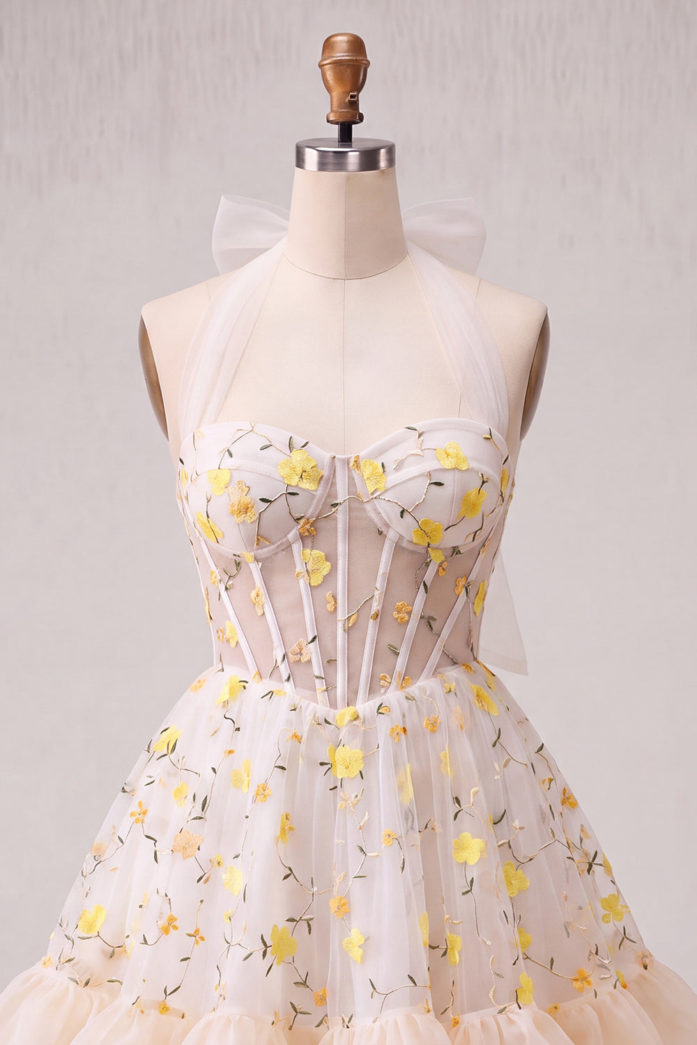 Robe de cocktail corset transparente à volants et laçage au dos, coupe trapèze, jaune clair et motif floral