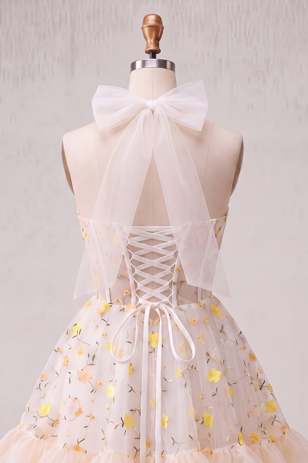 Robe de cocktail corset transparente à volants et laçage au dos, coupe trapèze, jaune clair et motif floral