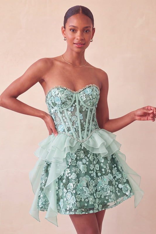 Robe courte de bal de fin d'année en ligne A avec corset sweetheart, vert sauge, à sequins