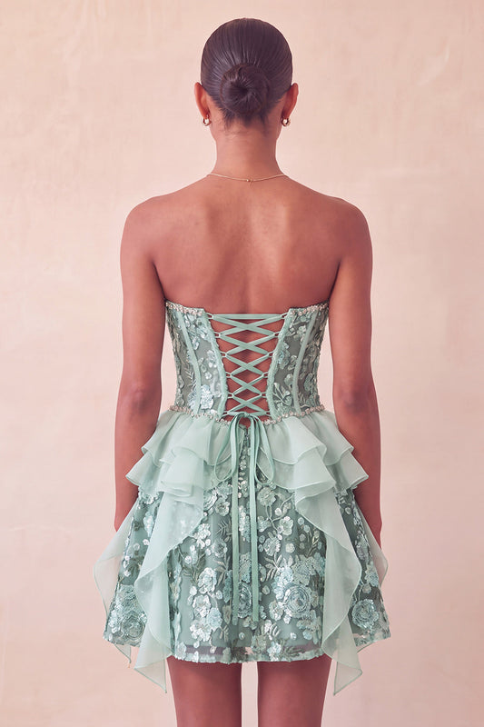 Robe courte de bal de fin d'année en ligne A avec corset sweetheart, vert sauge, à sequins