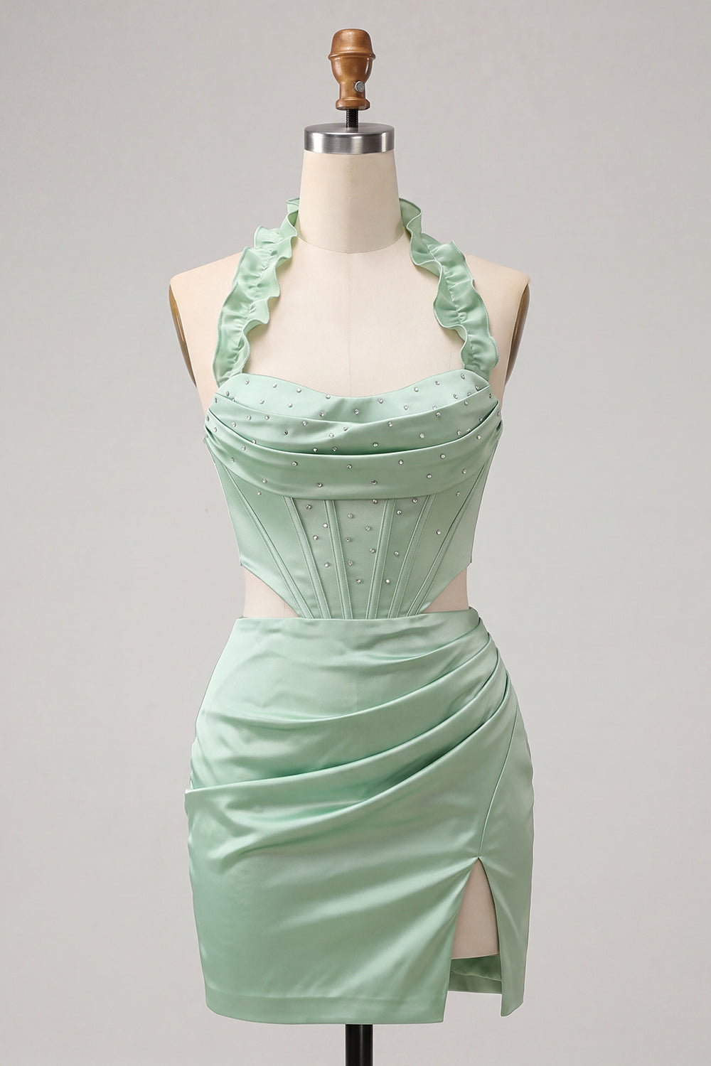 Robe courte de cocktail vert menthe froncée style corset sans bretelles avec fente