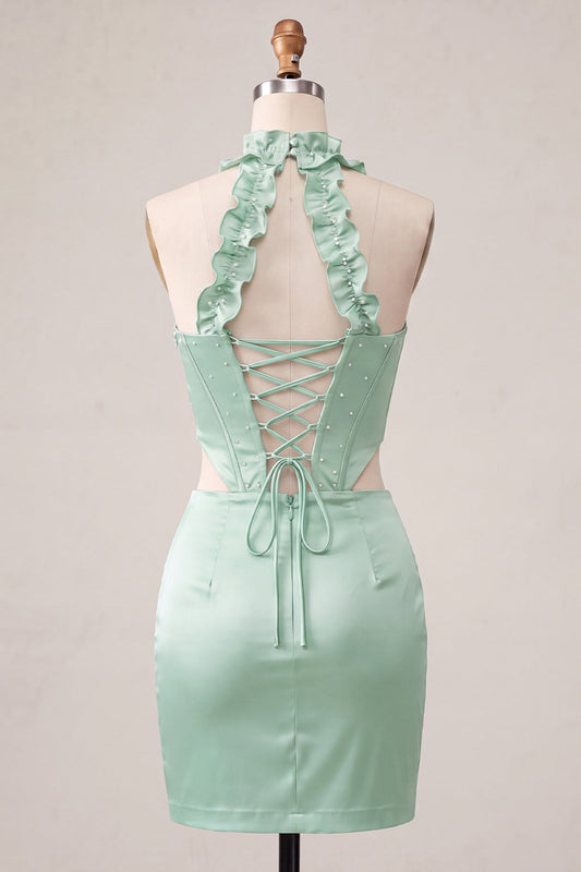 Robe courte de cocktail vert menthe froncée style corset sans bretelles avec fente