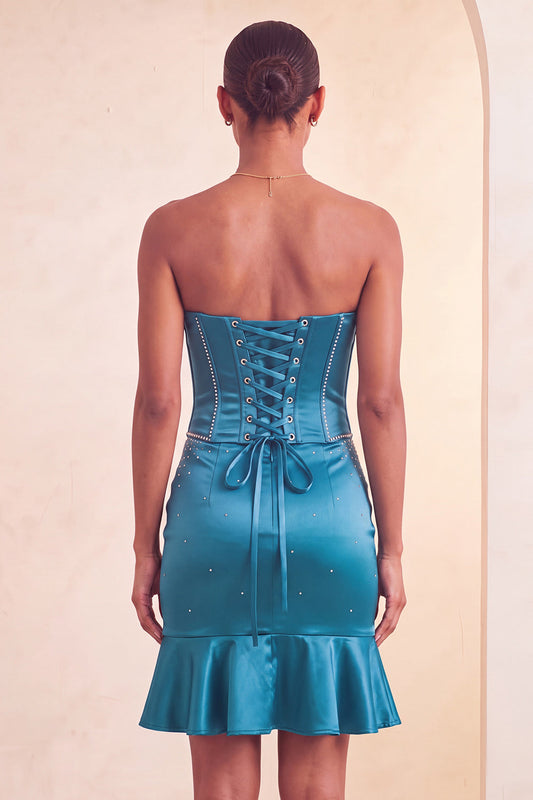 Strapless Bodycon Lake Blue Beaded Short Homecoming Dress with Ruffles