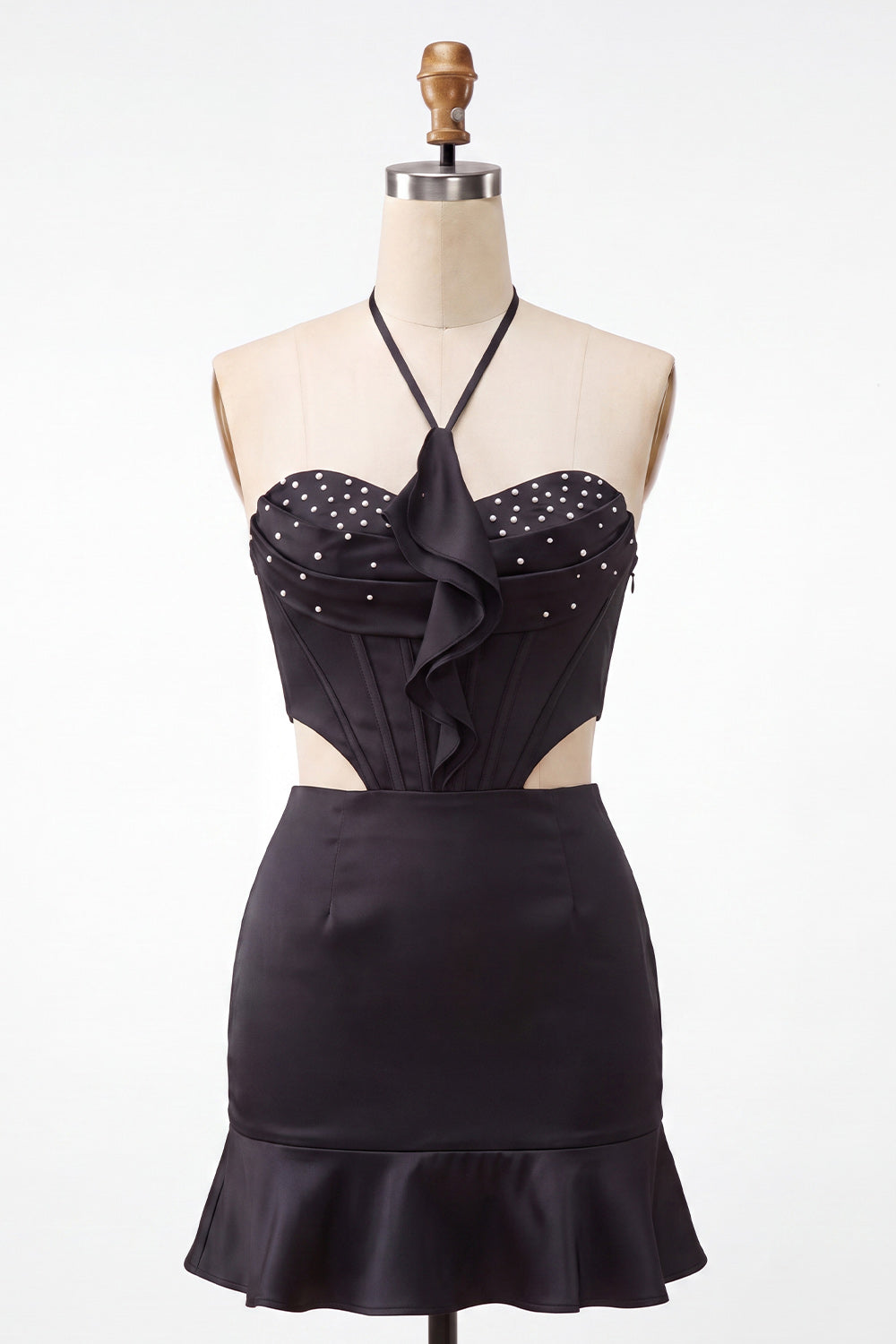 Mini robe de soirée noire moulante sans manches avec découpes et volants