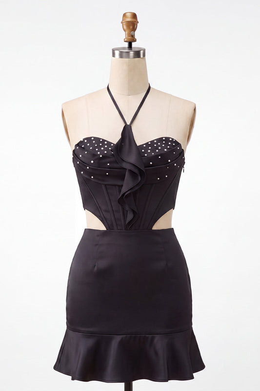 Black Halter Cut Out Bodycon Mini Homecoming Dress with Ruffles