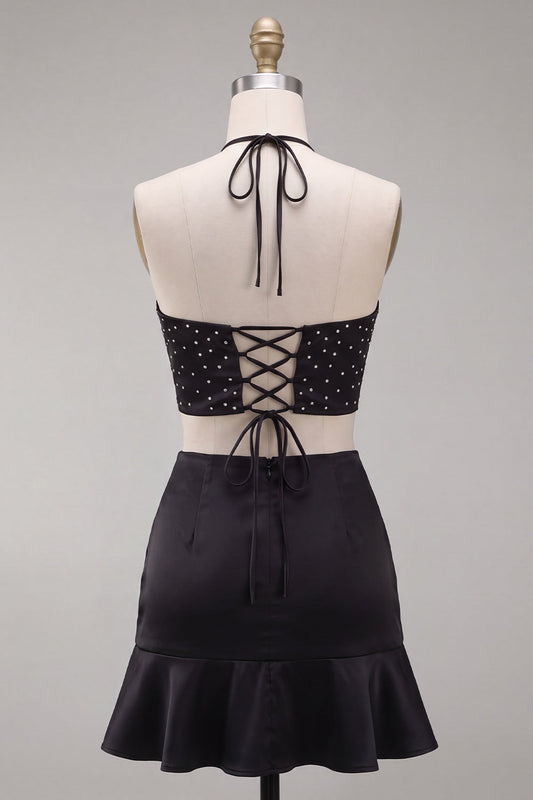 Black Halter Cut Out Bodycon Mini Homecoming Dress with Ruffles