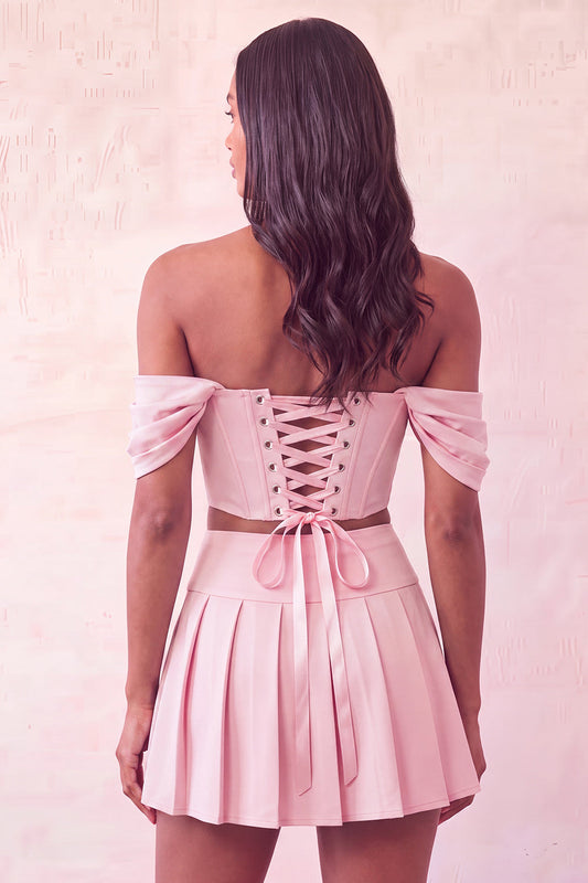 Off The Shoulder Light Pink Corset Pleated 2 Piece Homecoming Dress with Beading