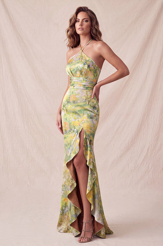 Robe de soirée longue jaune à fleurs, encolure dos nu, coupe sirène à volants avec fente
