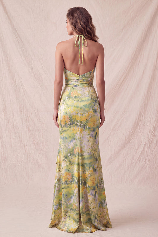 Robe de soirée longue jaune à fleurs, encolure dos nu, coupe sirène à volants avec fente