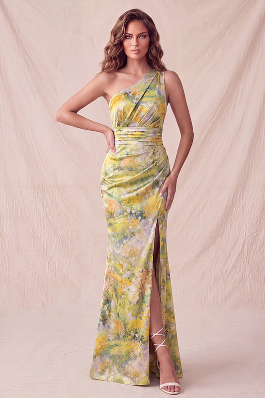 Robe de soirée longue jaune sirène asymétrique à fleurs froncée avec fente