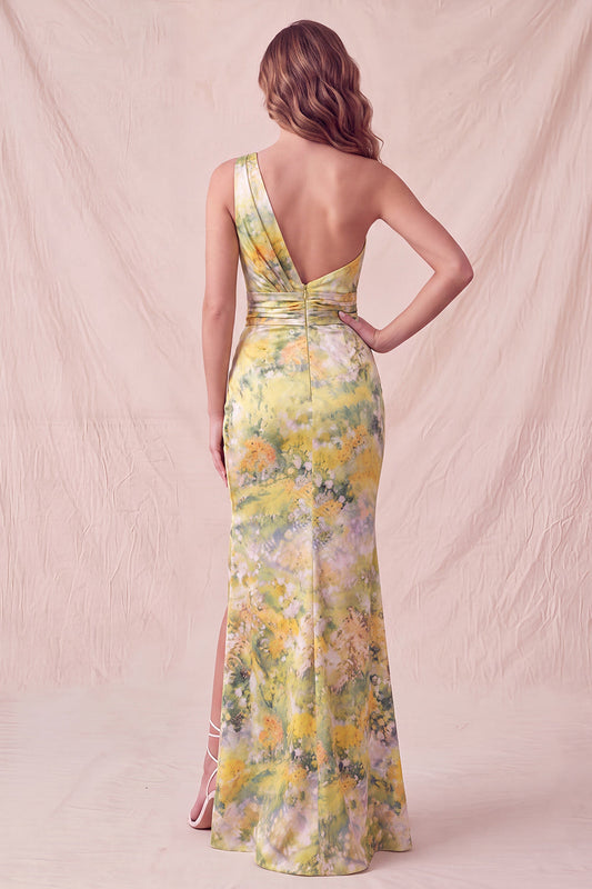 Robe de soirée longue jaune sirène asymétrique à fleurs froncée avec fente