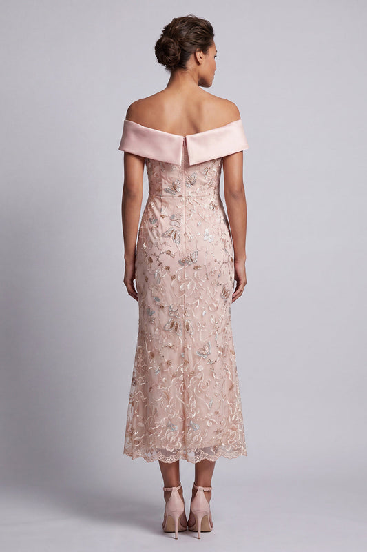 Blush Off-the-Shoulder Beaded Mermaid Midi Mother of the Bride Dress