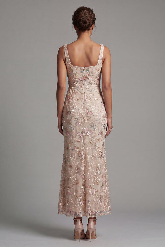 Mermaid Blush Square Neck Beaded Midi Mother Of The Bride Dress