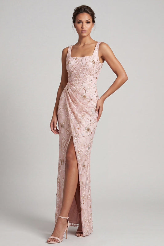 Blush Mermaid Square Neck Beaded Ruched Long Mother Of the Bride Dress with Slit