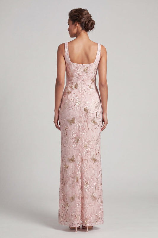 Blush Mermaid Square Neck Beaded Ruched Long Mother Of the Bride Dress with Slit