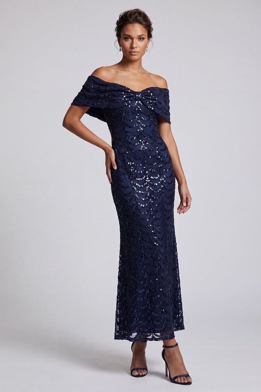 Robe de soirée midi bleu marine à paillettes pour mère de la mariée, avec épaules dénudées et sequins