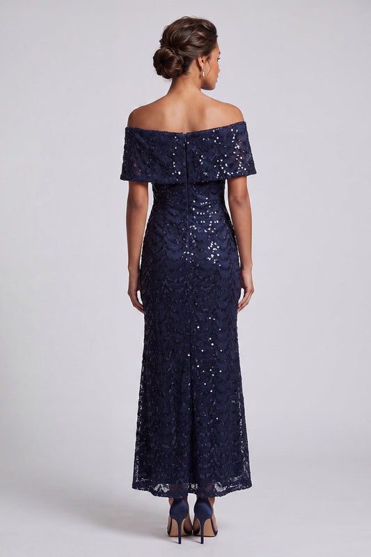 Robe de soirée midi bleu marine à paillettes pour mère de la mariée, avec épaules dénudées et sequins