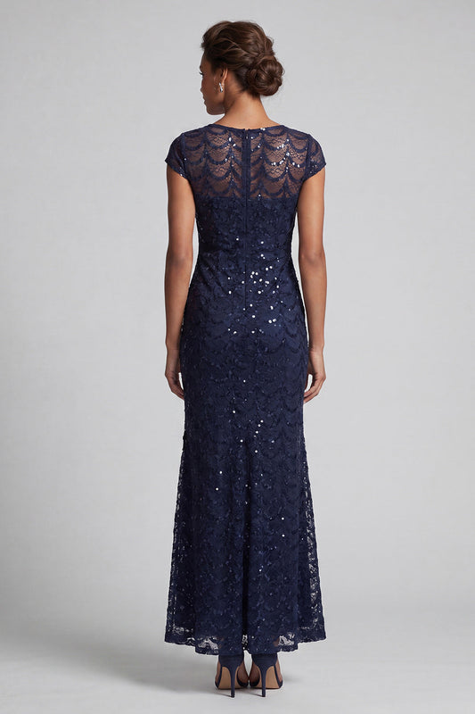 Robe de mariée mi-longue sirène bleu marine scintillant à col rond, sequins et manches courtes pour la mère de la mariée