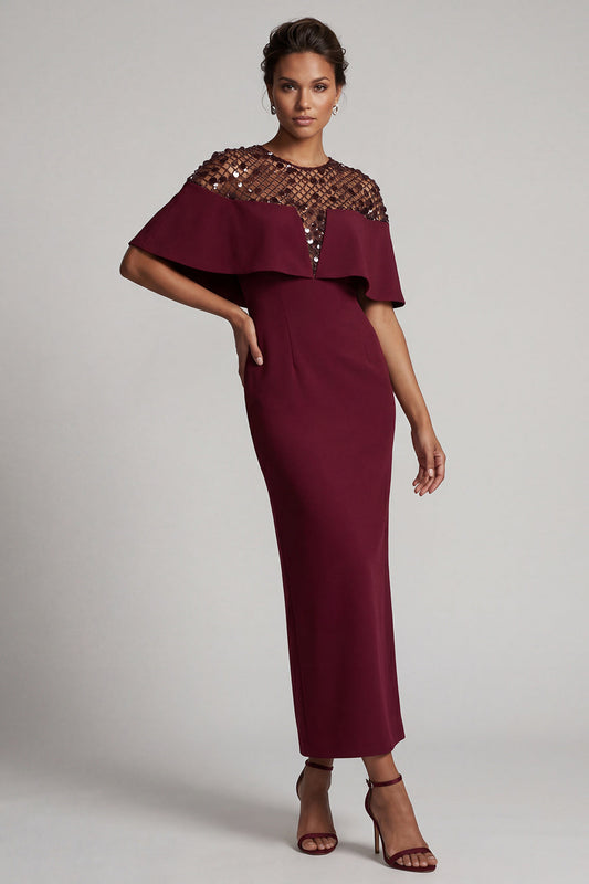 Robe fourreau midi sirène bordeaux à col rond avec cape pour la mère de la mariée