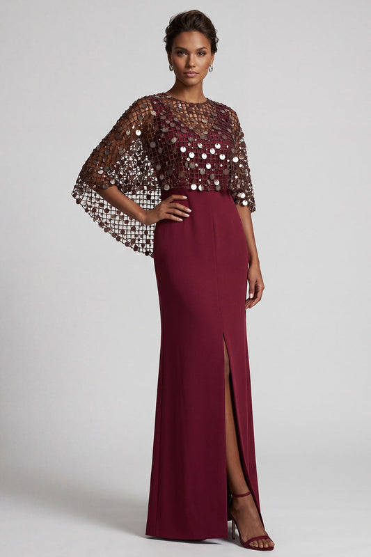 Robe de mère de la mariée longue sirène bordeaux avec col en V et fente
