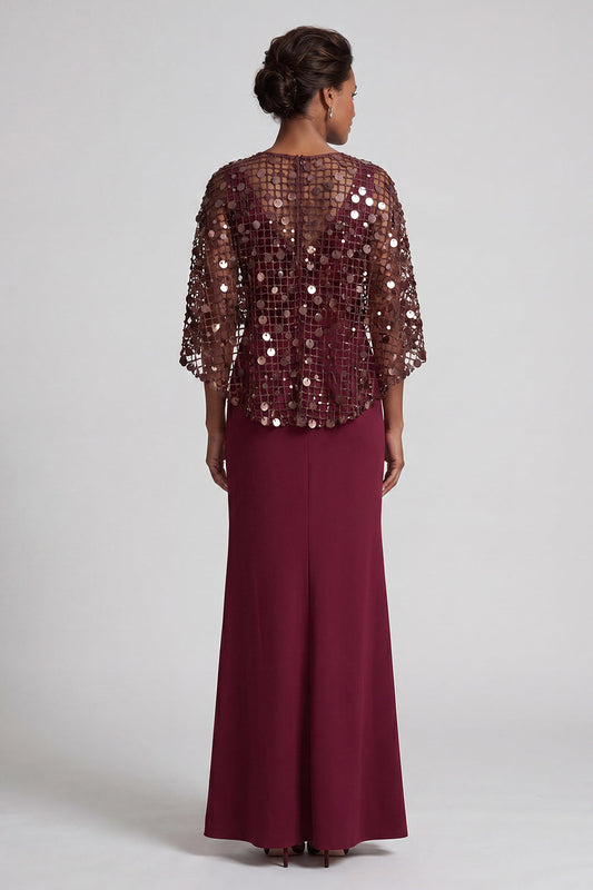 Robe de mère de la mariée longue sirène bordeaux avec col en V et fente