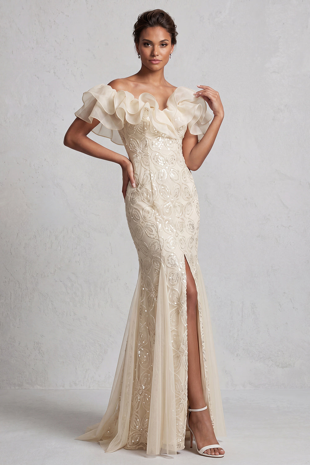 Off the Shoulder Light Blue Mermaid Ruffled Sequins Long Mother Of the Bride Dress with Slit