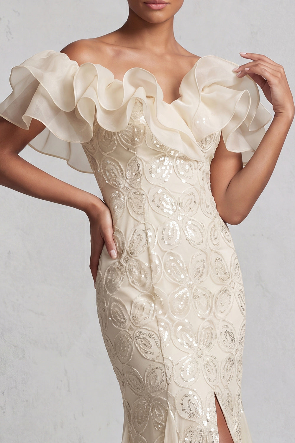 Off the Shoulder Light Blue Mermaid Ruffled Sequins Long Mother Of the Bride Dress with Slit