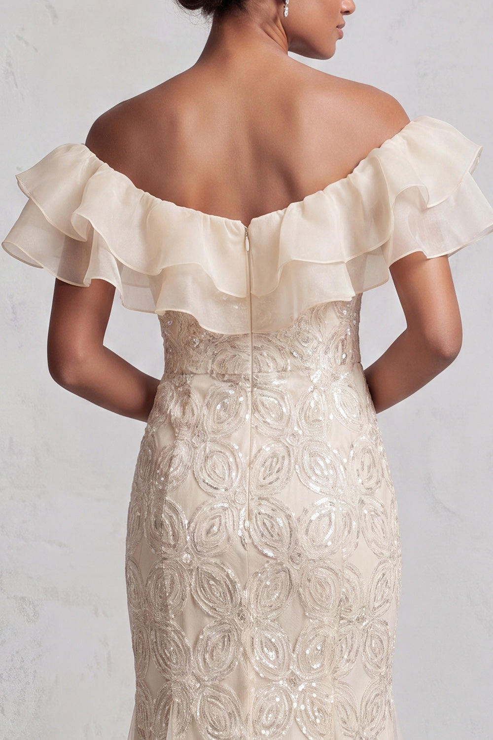 Off the Shoulder Light Blue Mermaid Ruffled Sequins Long Mother Of the Bride Dress with Slit