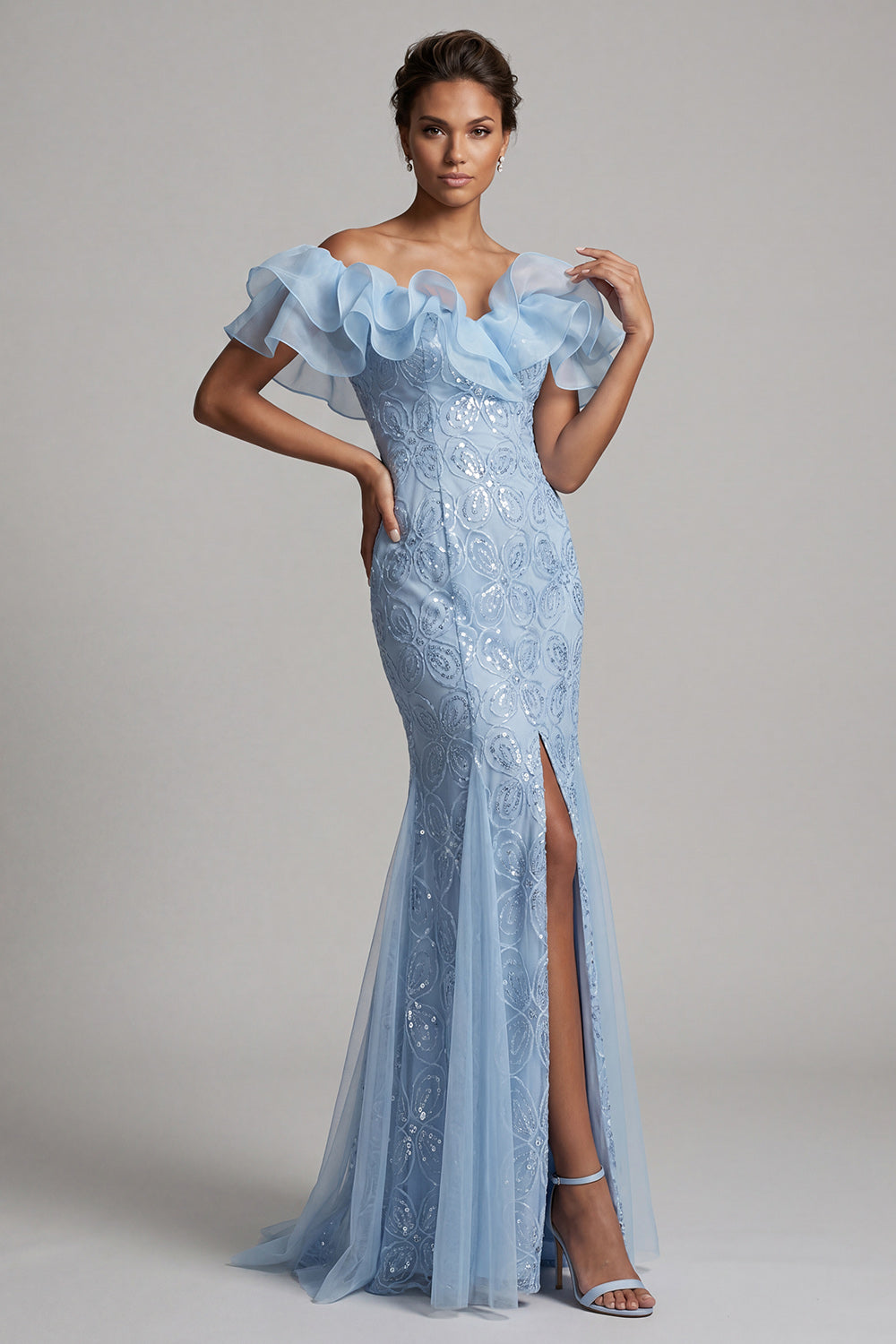 Off the Shoulder Light Blue Mermaid Ruffled Sequins Long Mother Of the Bride Dress with Slit