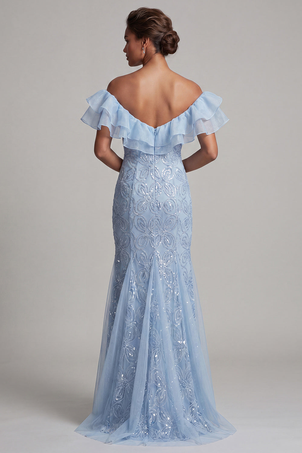 Off the Shoulder Light Blue Mermaid Ruffled Sequins Long Mother Of the Bride Dress with Slit